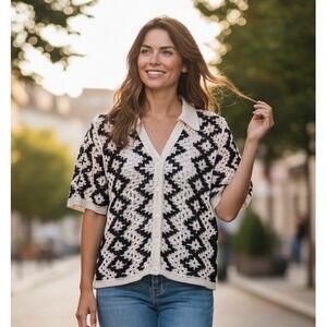 Ultra Pink Womens Sweater L Ivory Black Geometric Crochet Cardigan Classic Beach